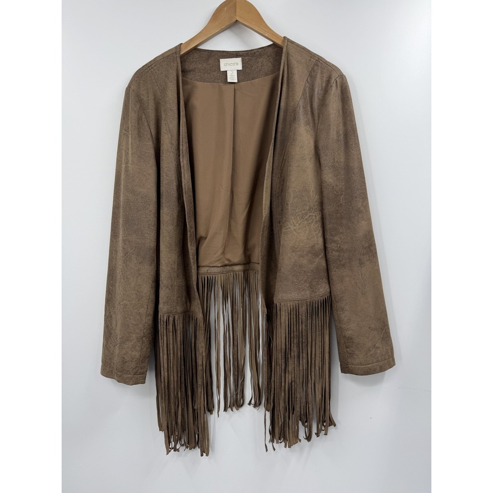 Chico's Jacket Womens 2 Brown Faux Suede Fringe Open Front Boho Western Long